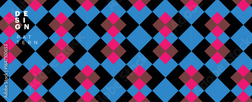 Seamless geometric argyle pattern in bold blue, pink, and brown tones. Perfect for textiles, backgrounds, wrapping paper, and modern graphic design.