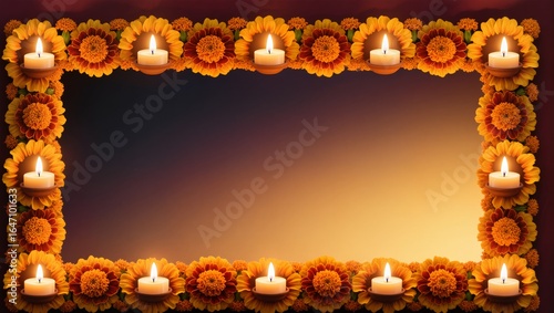 Diwali Marigold Flower Frame with Tealight Border Background