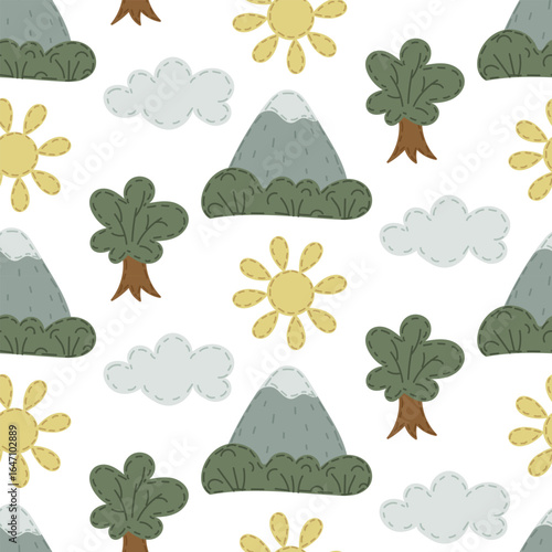 pattern of soft pillows in the shape of sun, tree, mountain, bush, and clouds. Handmade natural theme. Flat color seamless texture. Cute decor for a children's room. Love, comfort, care. Packaging