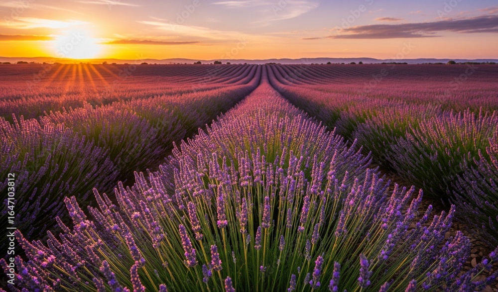 Obraz premium Golden sunset bathes vast lavender fields in warm light, creating a stunning, serene landscape.