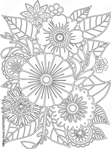 Zentangle flowers coloring pages for adults and kids