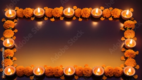Diwali Marigold Flower Frame with Tealight Diyas Background