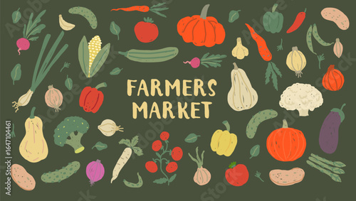 Farmers market banner with hand drawn vegetables. Healthy food and agriculture concept. Simple sketch illustrations
