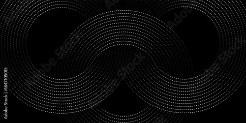 Abstract black background with concentric circles and halftone. White circle lines pattern. Futuristic technology concept. Suit for cover, poster, banner, brochure, header, website