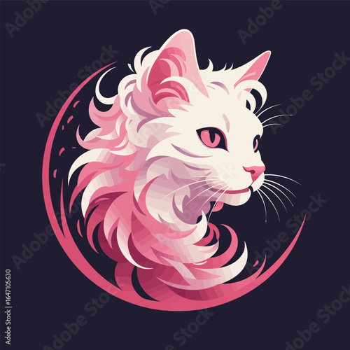 A white cat with striking pink eyes and long fluffy hair is posing elegantly. Its fur is immaculately clean, and its eyes are captivating, reflecting a delicate shade of pink. The cats long hair softl