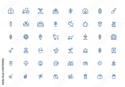 Minimalist farming icons for UI: thin line agriculture, plantation, garden, gardening, harvest, mill, editable vector art, sustainable farming, crop production, organic gardening and more.