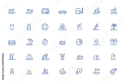 Minimalist thin linear swimming icons for UI: athletic lifestyle, summer vacation, holiday, life, editable vector stroke, thin line design, water sport, swim gear, beach, fitness, aquatic and more.