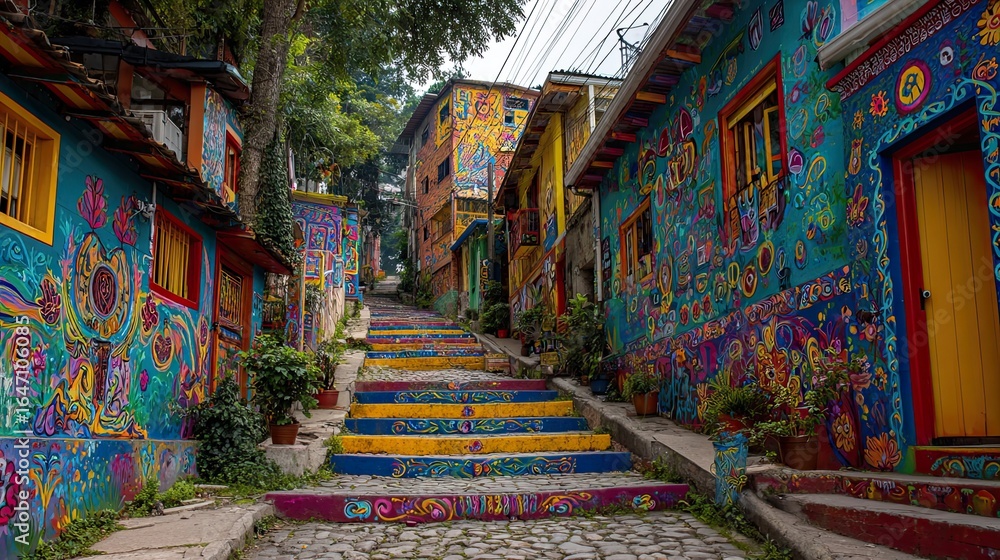 Fototapeta premium Vibrant street art transforms colorful urban alleyway into a lively pedestrian pathway, inviting exploration and cultural immersion