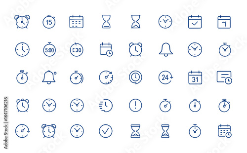 Time and Date icon collection featuring alarm, countdown, calendar, day, hourglass, clock, minimalist modern icons with editable stroke, vector illustration, time management, schedule and more.
