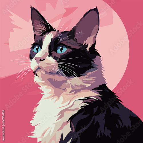 A black and white cat is sitting in front of a vibrant pink background. The cats fur is patterned in distinctive black and white markings, and its gaze is fixed ahead.