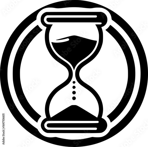 Minimalist black and white vector icon of an hourglass, clean lines, isolated on white, ideal for stickers, logos, scalable and clear at small sizes.