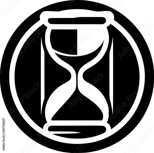 Minimalist black and white vector icon of an hourglass, clean lines, isolated on white, ideal for stickers, logos, scalable and clear at small sizes.