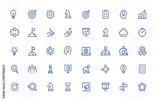 Simple development icon pack featuring minimal editable stroke symbols for business, innovation, strategy, process, challenge, and more. Vector icons for creative projects and more.