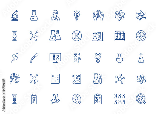 Biotechnology line icons featuring microscope, experiment, scientist, innovation, interaction, science, scientific symbols. Minimalist editable vector icon and illustration, lab and more.