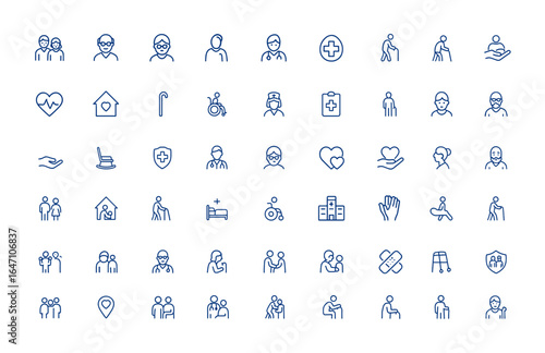 Simple linear elderly care icon with editable stroke. Includes minimal outline icons for old age, retirement, generation, medical, home living, walking stick, and senior support and more.