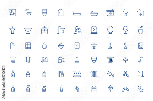 Minimalist bathroom icon pack featuring thin line symbols of washroom, toilet, bath, room, and more. Editable vector illustration for web and app use, clean design, simple style and more.