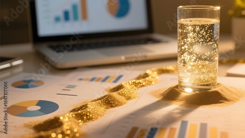 Glass of sparkling water on a desk with gold coins and financial charts, symbolizing wealth and investment analysis.