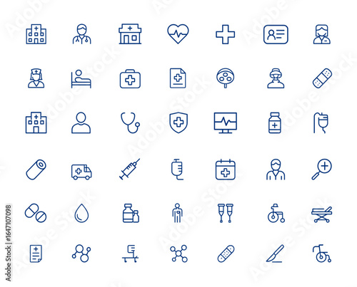 Medical center linear icon pack featuring hospital, doctor, pharmacy, healthcare, and more. Editable stroke vector art with minimal medical icons, vector graphics, health care symbols and more.