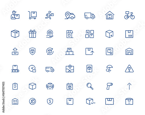 Minimalist courier and delivery vector icons with editable stroke. Line pictograms illustrating logistic, parcel, shipping, shipment, transportation, express service, mail, package and more.