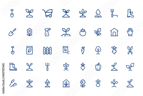 Minimal gardening icons for mobile and web apps: editable vector symbols of shovel, seedling, wheelbarrow, water, growing, pixel perfect, nature, planting, landscaping, garden tools