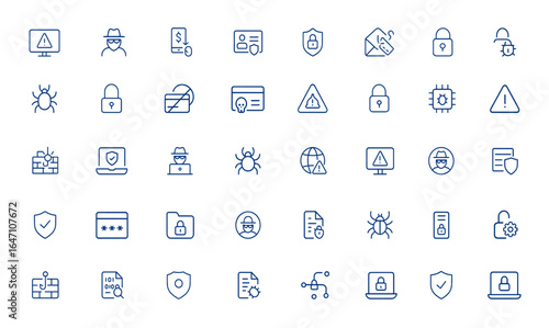 Minimalist linear vector icons for cyber crime, fraud, scams, and cyber security. Editable stroke design, digital protection symbols, online threat icons, data breach, hacking alert, malware and more.