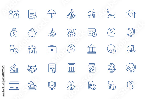 Minimalistic retirement planning icon pack featuring family, savings, and financial security symbols. Modern vector illustration for investment, pension, wealth management and more.