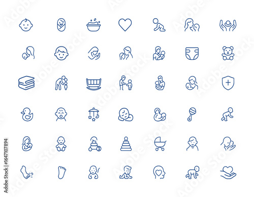 Minimalistic editable vector stroke icons for baby care, feeding, love, childhood, day, boy, nurturing, parenting, infant essentials, tender moments, child health, family care, protection and more.