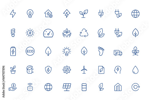 Minimalist editable vector stroke icons for energy efficiency and eco environment. Featuring electric, environmental, ecology, green, sustainable, renewable, conservation and more.