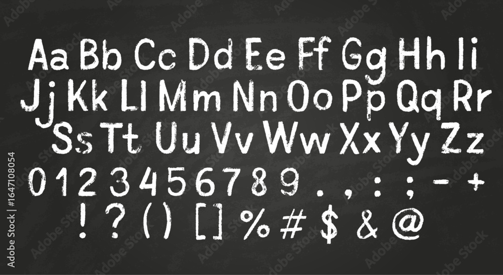 Lowercase and uppercase letters of English alphabet, numbers and punctuation mark chalk texture, chalk board vector font