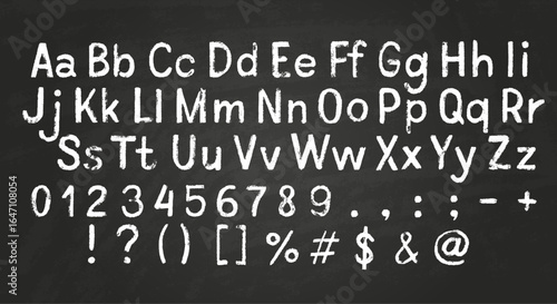 Lowercase and uppercase letters of English alphabet, numbers and punctuation mark chalk texture, chalk board vector font