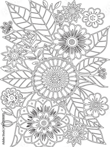 Zentangle flowers coloring pages for adults and kids