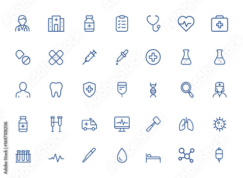 Minimal line style Medicine and Healthcare icons for web and app design. Doctor, pharmacy, check-up, medical vector illustration, health care symbols, wellness, hospital, clinic and more.