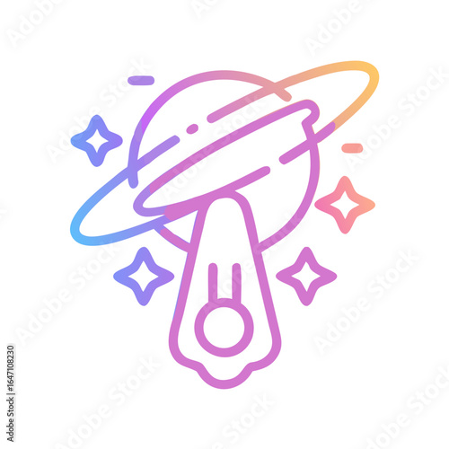 Colorful icon of planet with rings and stars in gradient design  