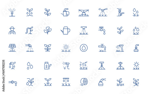 Minimalist irrigation icon pack featuring editable vector stroke designs for farm, growth, agricultural, lawn, pipe, and art elements—perfect for mobile and web apps, agriculture and more.