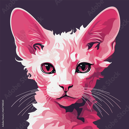 A white cat with pink eyes stands out against a solid black background, its fur starkly contrasting with the darkness. The cats eyes glow with an eerie pink hue, adding to the striking visual impact.