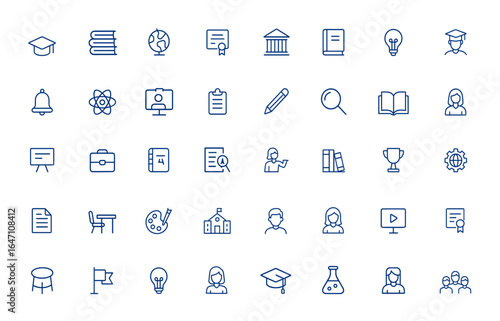 Minimalist academy icon pack featuring thin line symbols for education, learning, graduation, university, school, knowledge, study, academic, sign, vector illustration, symbol, line and more.