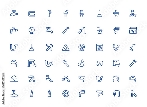 Minimalist plumbing vector icons featuring faucet, pipe, wrench, shower, toilet, sink, plumber tools, line illustration, repair, bathroom, water system, maintenance, construction and more.