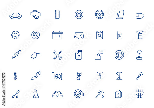 Minimalist vector icons of automotive parts, car elements, vehicle components, auto symbols, and thin line automobile illustrations. Editable linear auto icon artwork, transport and more.