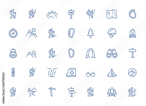 Adventure climbing icons line set featuring hiking, outdoors, tourism, and climber symbols. Editable simple vector illustration and line icons for outdoor activity design and more.
