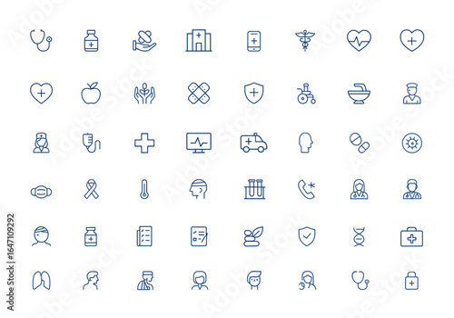 Minimalist health care icons pack: thin linear outline vector illustrations featuring stethoscope, medicine, vaccination, clinic, check, healthcare app, medical symbols, wellness and more.