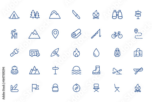 Minimalist camping icons with adventure, forest, fire, knife, binoculars, tour, holiday; outline stroke symbols, editable vector illustration, outdoor gear, travel, hiking, survival, nature and more.