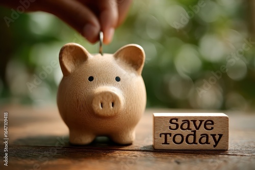 Hand Placing Coin in Wooden Piggy Bank with Save Today Block Text in Natural Setting