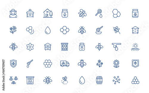 Linear Honey and Bee icon pack featuring minimalist beekeeping symbols: beekeeper, beehive, farming, food, honey, edible stroke illustrations, apiary, pollination, nature, agriculture and more.