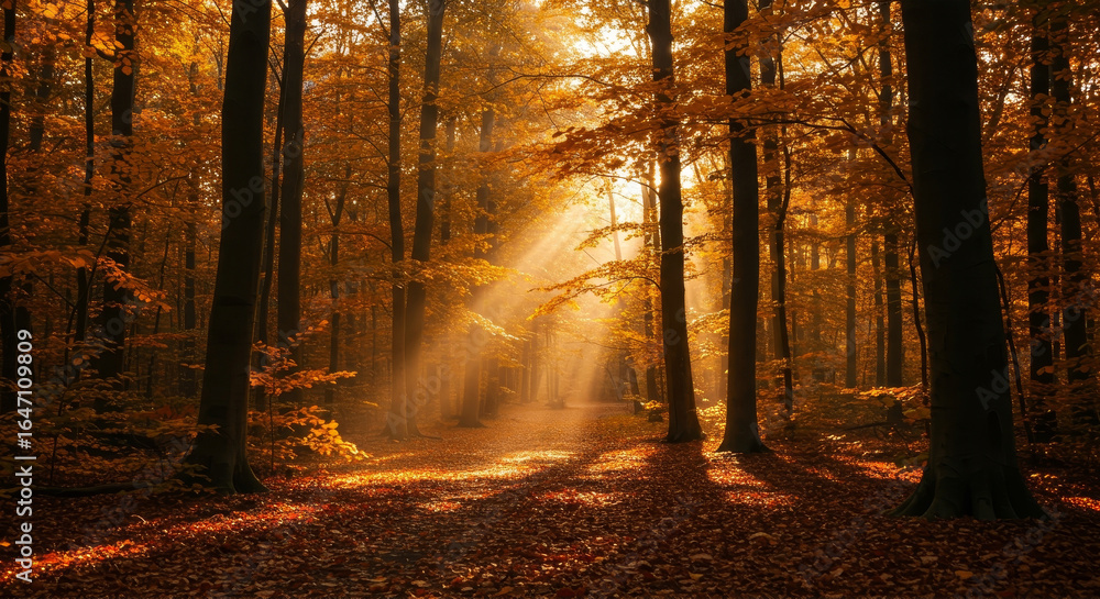 Fototapeta premium Golden Autumn Forest With Sunlight