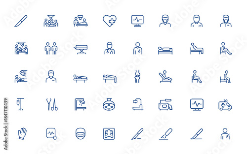 Linear style operation theatre icons featuring surgical, medical, patient care, health, operating room elements, editable vector strokes, minimal trendy healthcare symbols and more.
