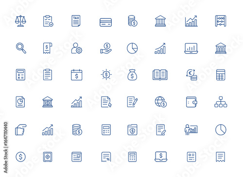 Minimalist accounting icon pack featuring balance, audit, tax, credit, money, bank, count, and management symbols for mobile and web apps. Editable vector stroke icons and more.