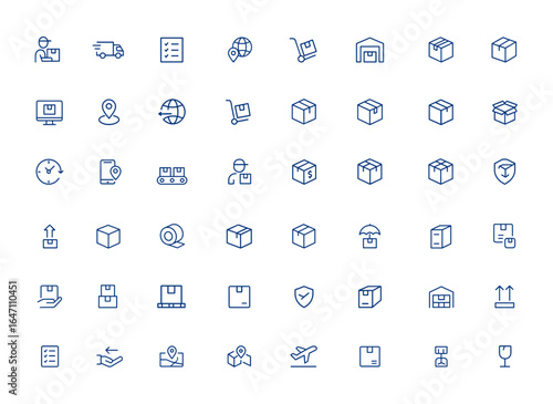 Minimalist courier and shipping linear icons with editable strokes, featuring symbols for express delivery, order tracking, warehouse logistics, business parcels, box handling, packaging and more.