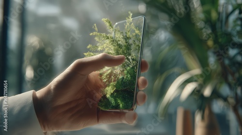Wallpaper Mural A hand holding a smartphone displaying lush greenery, symbolizing nature and technology. Torontodigital.ca