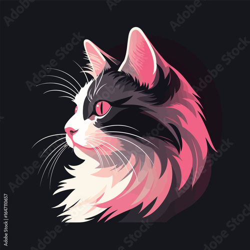 A black and white cat with striking pink eyes gazes curiously at the camera, showcasing its unique and mesmerizing features.