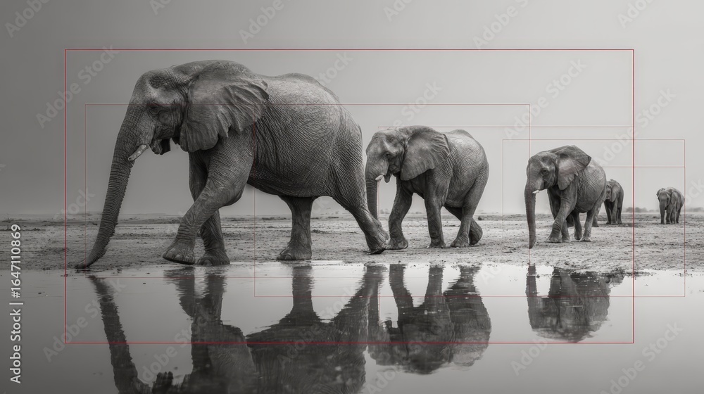 Fototapeta premium A herd of elephants walking gracefully near a reflective water source in monochrome.
